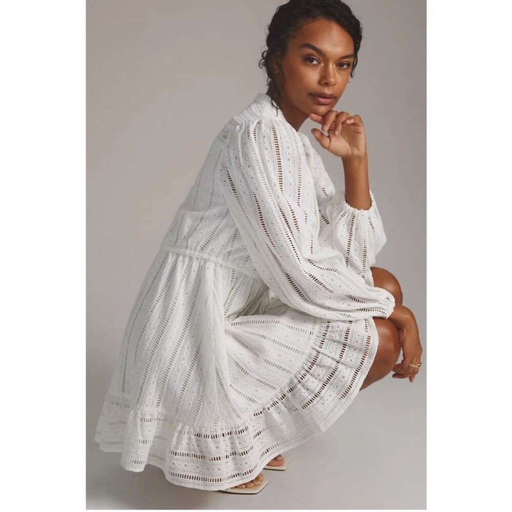 Anthropologie‎ Eyelet Long Sleeve Mini Dress Girlie White Forever That Girl